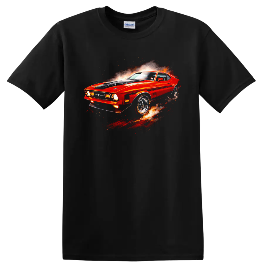 Red Ford Mustang Mach 1 with flames and motion effects graphic print T shirt on a Black T Shirt