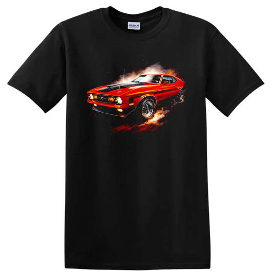 Red Ford Mustang Mach 1 with flames and motion effects graphic print T shirt on a Black T Shirt