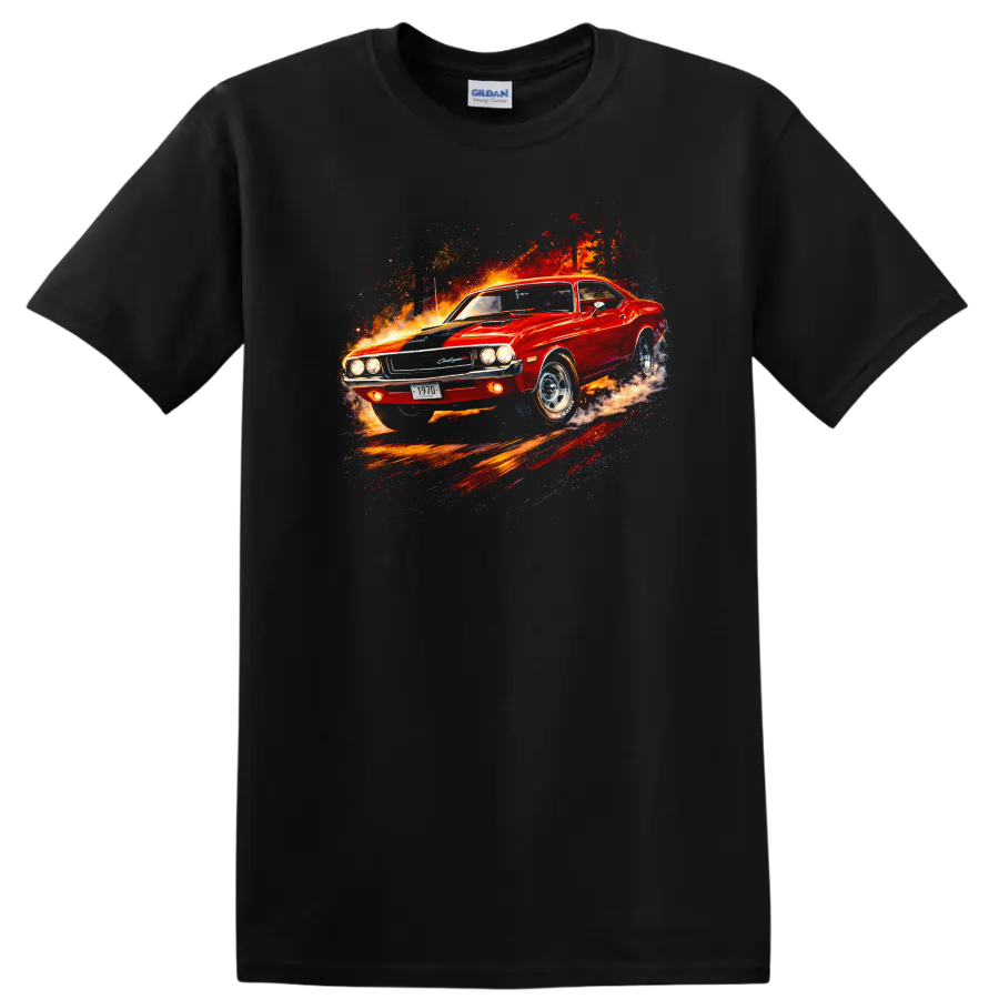 Red 1970 Dodge Challenger R/T muscle car graphic print T shirt on a Black T Shirt