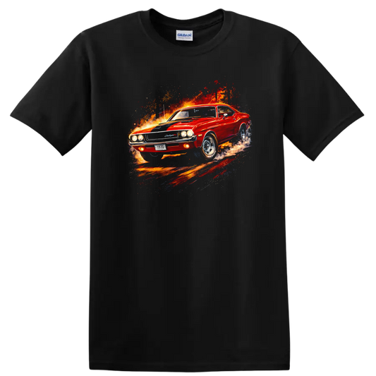 Red 1970 Dodge Challenger R/T muscle car graphic print T shirt on a Black T Shirt