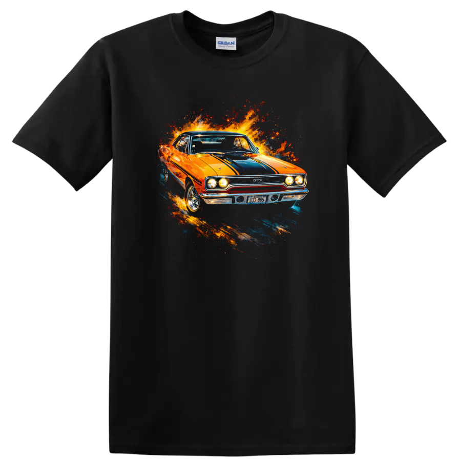 Orange Plymouth GTX classic car with blue stripes and paint splash graphic on T shirt on a Black T Shirt