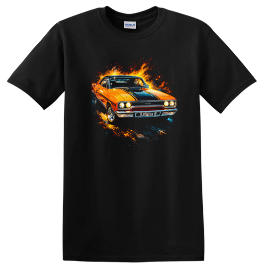 Orange Plymouth GTX classic car with blue stripes and paint splash graphic on T shirt on a Black T Shirt
