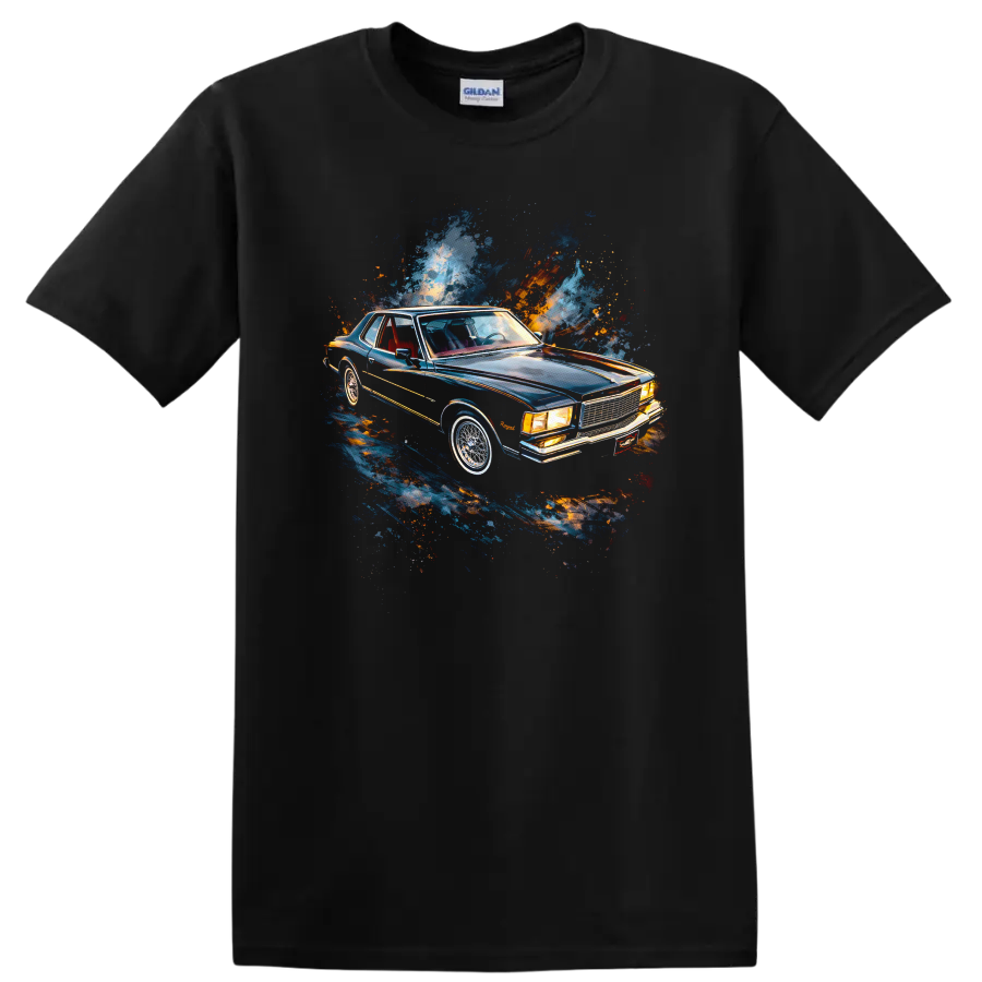 Chevrolet Monte Carlo classic car graphic print T shirt with blue and orange paint splash on a Black T Shirt