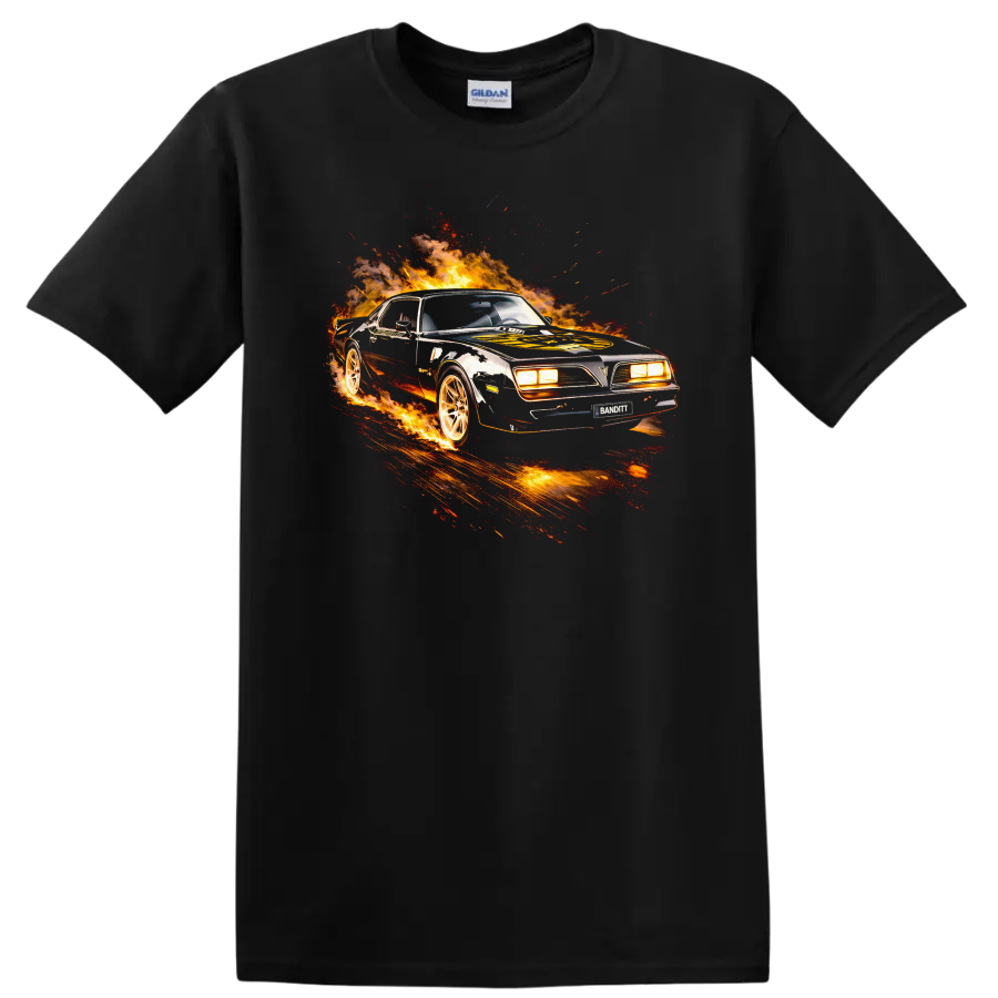 Pontiac Firebird Trans Am flaming muscle car graphic T Shirt on a Black T Shirt