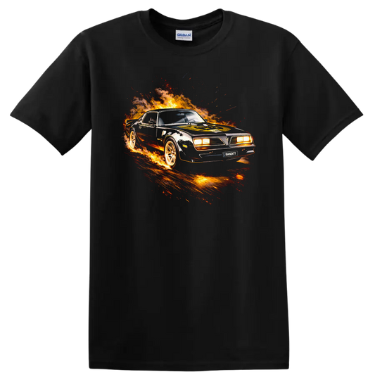 Pontiac Firebird Trans Am flaming muscle car graphic T Shirt on a Black T Shirt
