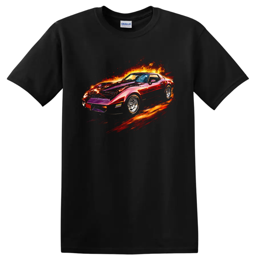 Chevrolet Corvette Stingray classic car with fiery graphic print on T shirt on a Black T Shirt