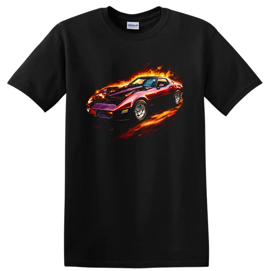 Chevrolet Corvette Stingray classic car with fiery graphic print on T shirt on a Black T Shirt