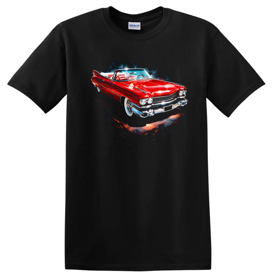 Red 1959 Cadillac Eldorado classic car graphic print T shirt on a Black T Shirt