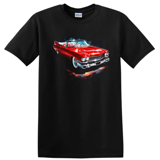 Red 1959 Cadillac Eldorado classic car graphic print T shirt on a Black T Shirt