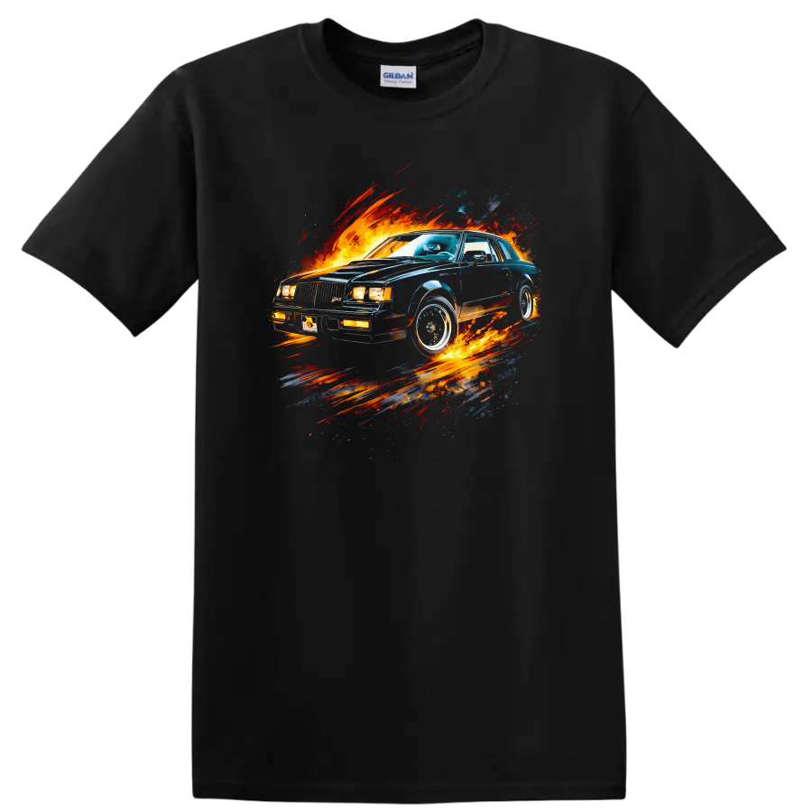 Buick Grand National old car with fiery graphic print T shirt on a Black T Shirt