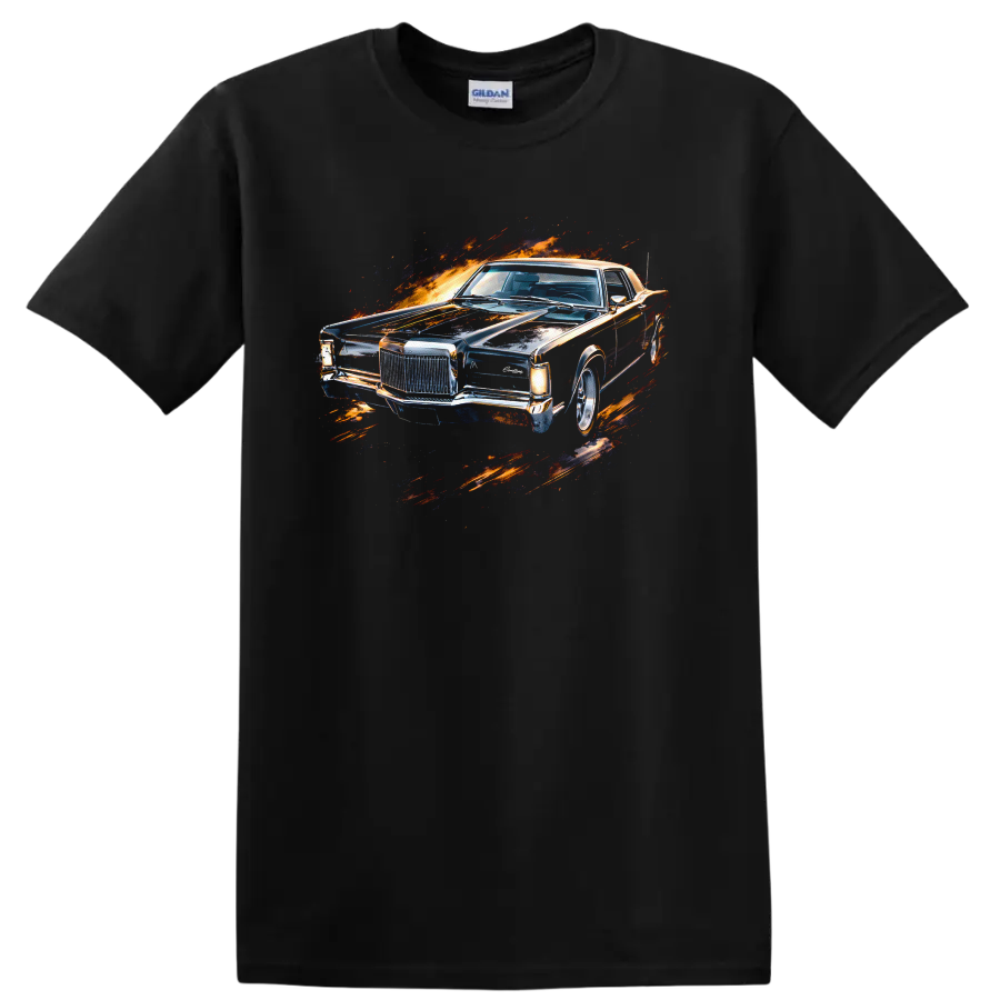 Lincoln Continental Mark III classic car with fiery splash graphic print T shirt on a Black T Shirt