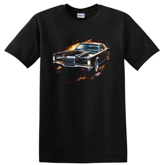 Lincoln Continental Mark III classic car with fiery splash graphic print T shirt on a Black T Shirt