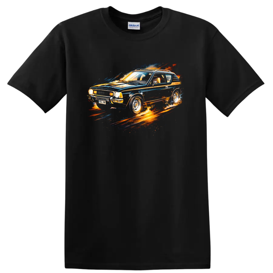 Colorful AMC Gremlin old car graphic print T-shirt with retro automotive splash design on a Black T Shirt