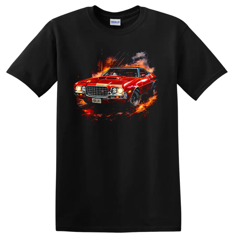 Red 1972 Ford Gran Torino Sport muscle car graphic print with fiery smoke on a Black T Shirt