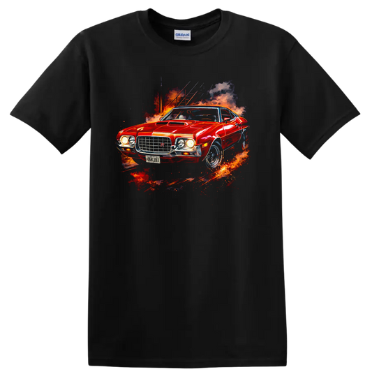 Red 1972 Ford Gran Torino Sport muscle car graphic print with fiery smoke on a Black T Shirt