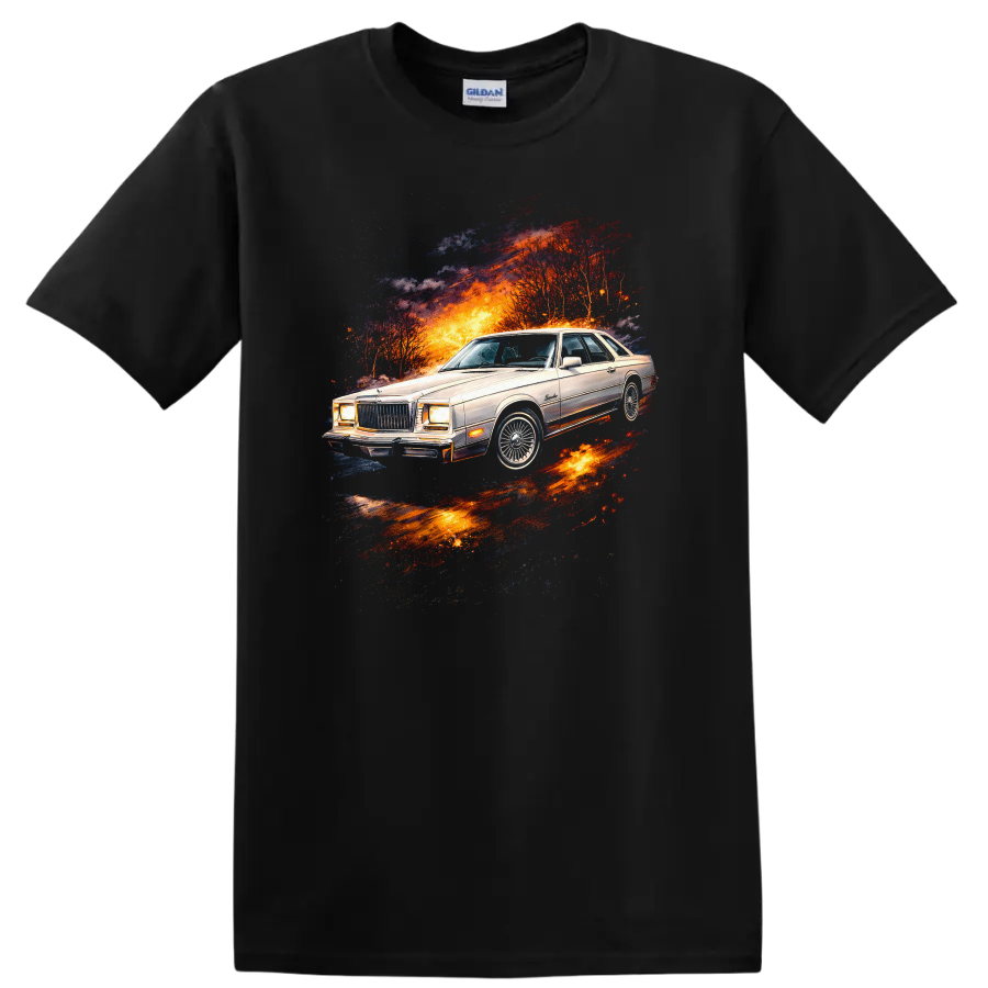 Chrysler Cordoba classic car graphic print with fiery retro energy burst on a Black T Shirt