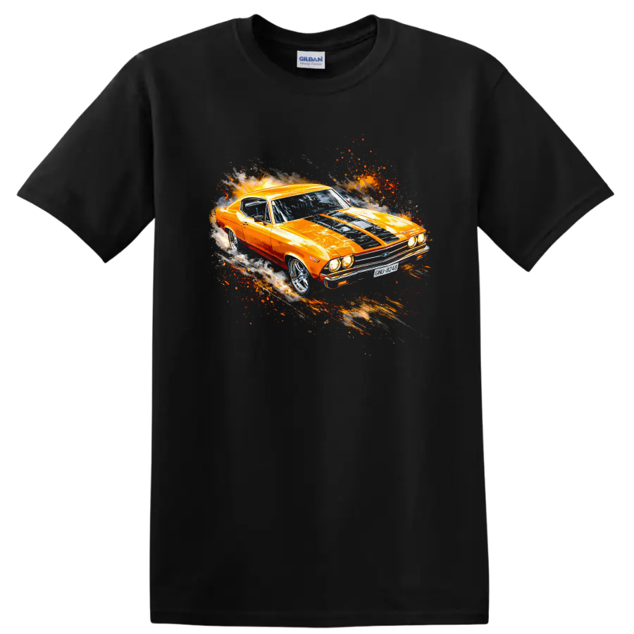Orange 1969 Chevelle SS 396 muscle car graphic print with motion effects on T shirt on a Black T Shirt