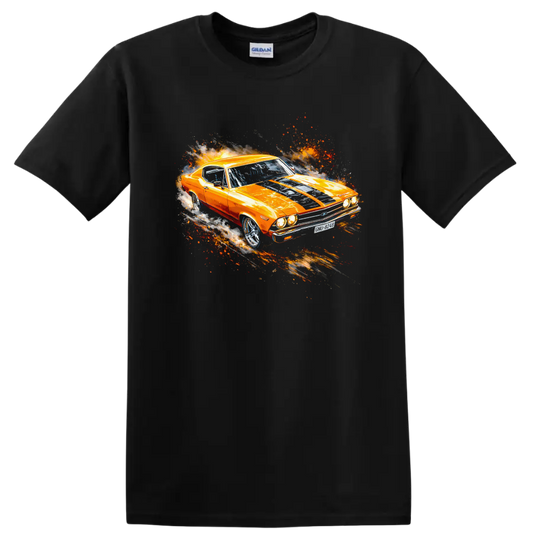 Orange 1969 Chevelle SS 396 muscle car graphic print with motion effects on T shirt on a Black T Shirt