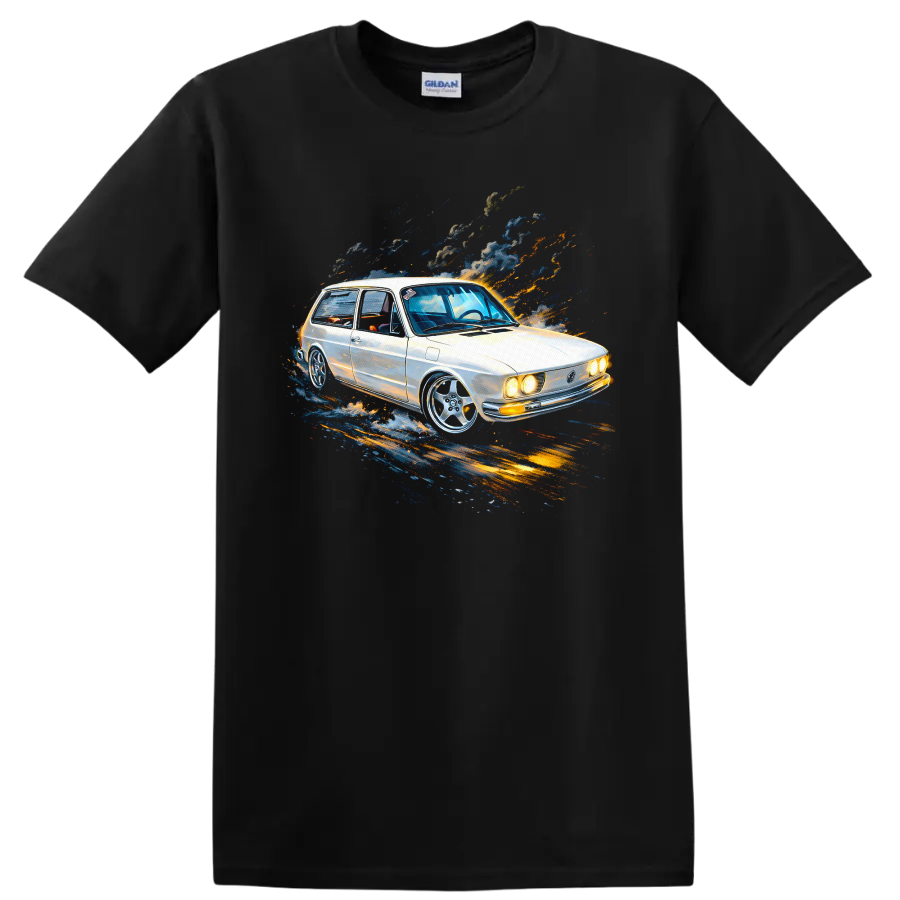 Volkswagen Brasília old car with colorful motion streaks graphic print T shirt on a Black T Shirt