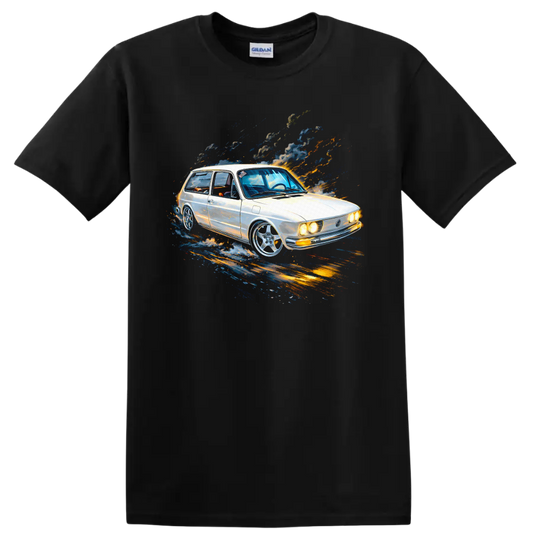 Volkswagen Brasília old car with colorful motion streaks graphic print T shirt on a Black T Shirt