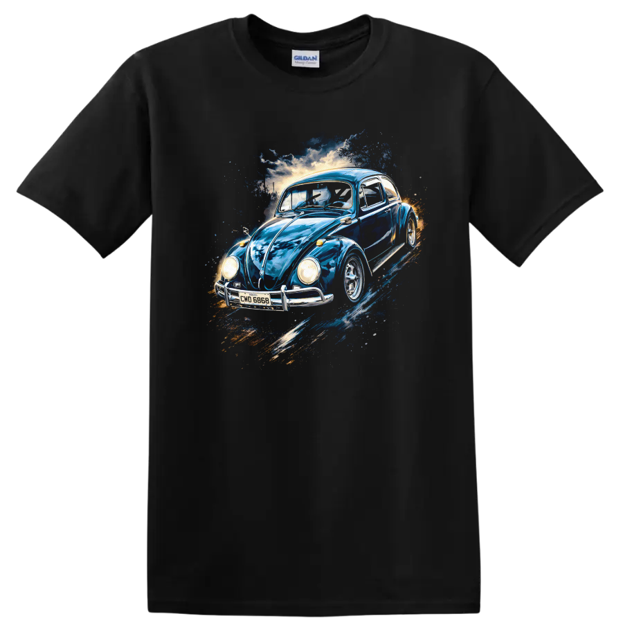 Blue Volkswagen Beetle vintage car graphic print T shirt on a Black T Shirt