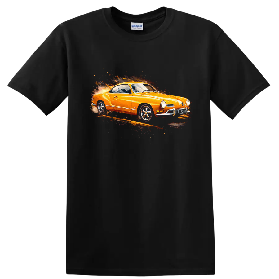 Orange Volkswagen Karmann Ghia classic car with fiery motion graphic on black background on a Black T Shirt
