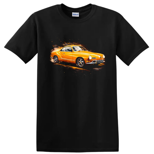 Orange Volkswagen Karmann Ghia classic car with fiery motion graphic on black background on a Black T Shirt