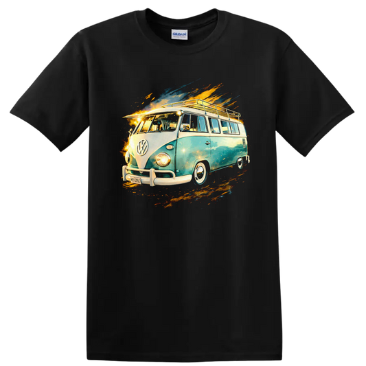 Volkswagen T1 camper van graphic print with colorful splash effects on a T shirt on a Black T Shirt