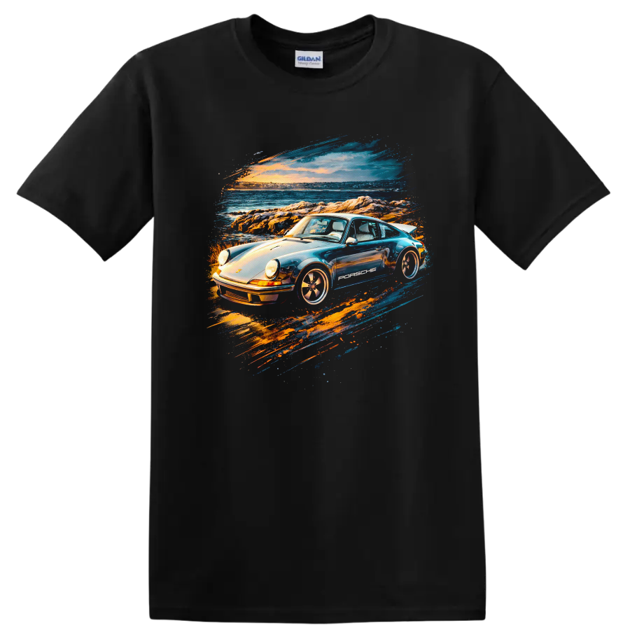 Pop art Porsche-style old car by the ocean at sunset, graphic print T shirt on a Black T Shirt