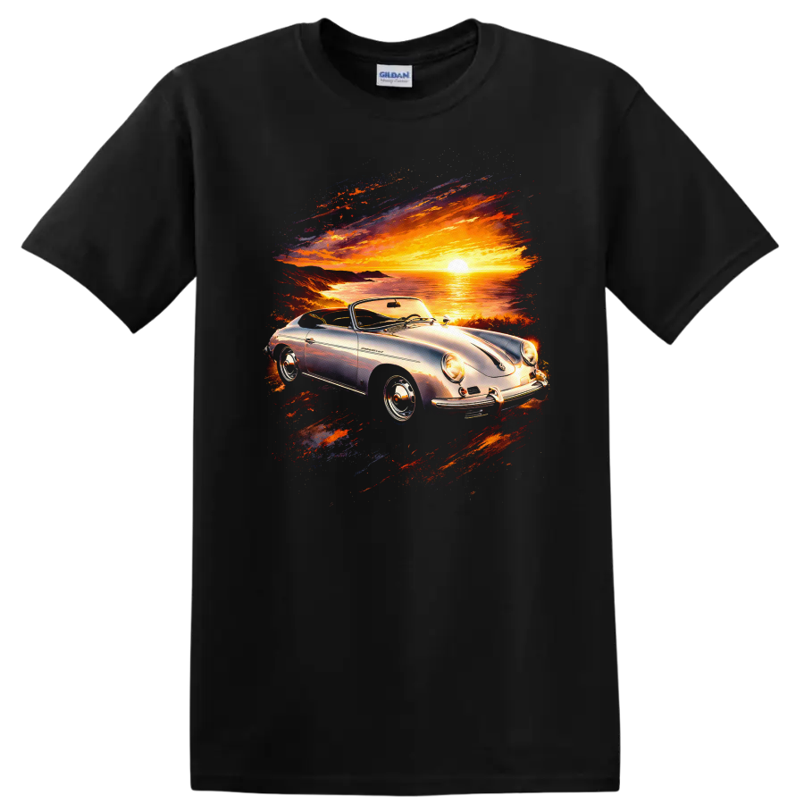 Porsche 356 convertible at sunset with colorful coastal scenic graphic print on a Black T Shirt