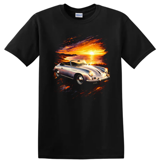 Porsche 356 convertible at sunset with colorful coastal scenic graphic print on a Black T Shirt