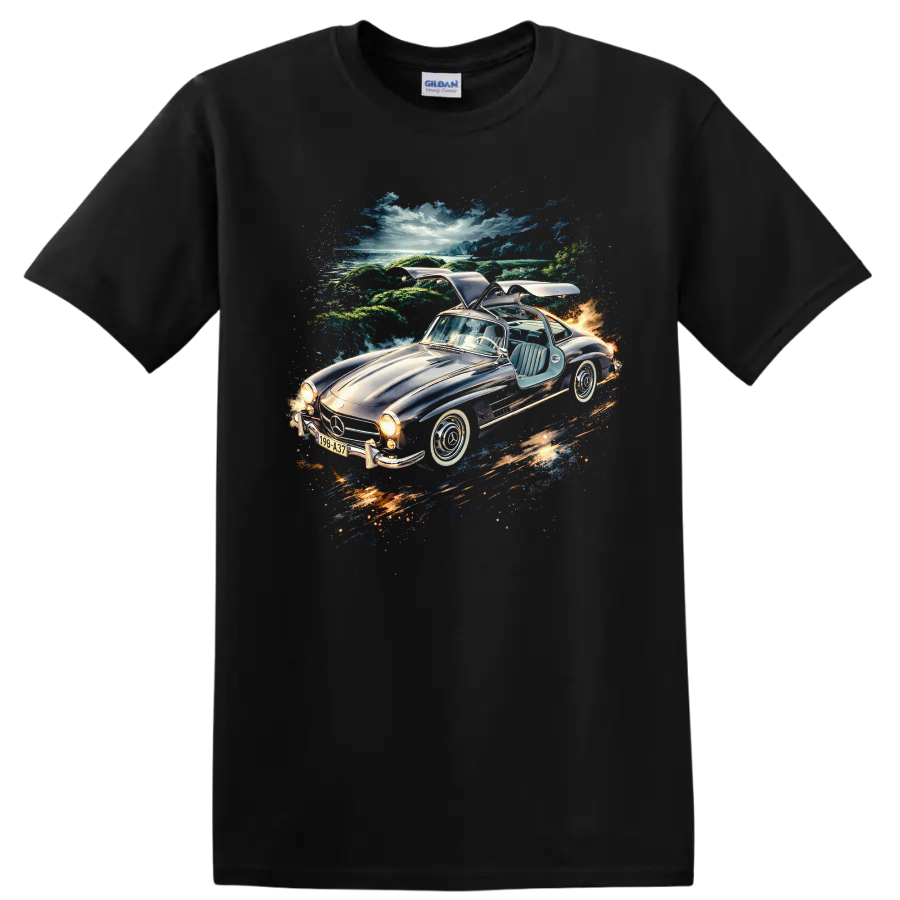 1954 Mercedes-Benz 300 SL Gullwing car artwork with scenic background on a T shirt on a Black T Shirt