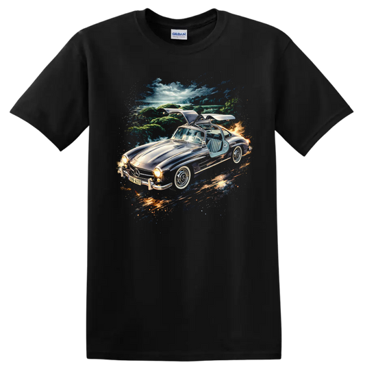 1954 Mercedes-Benz 300 SL Gullwing car artwork with scenic background on a T shirt on a Black T Shirt