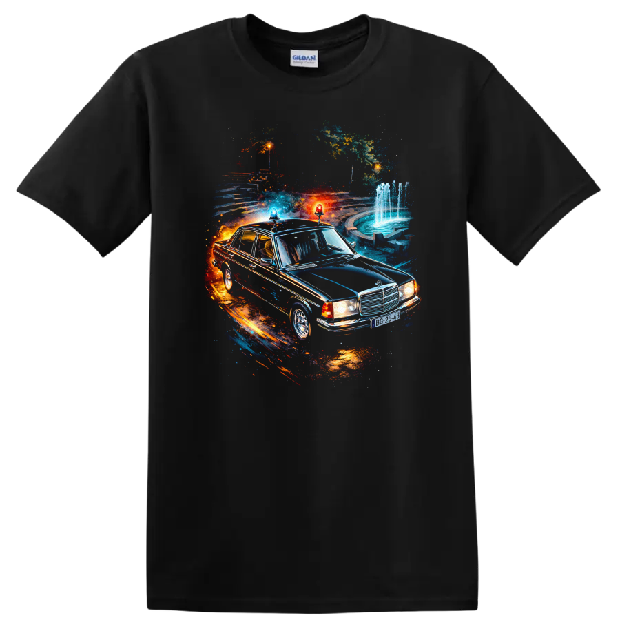 Mercedes-Benz W123 classic car with neon graphic print on T shirt on a Black T Shirt