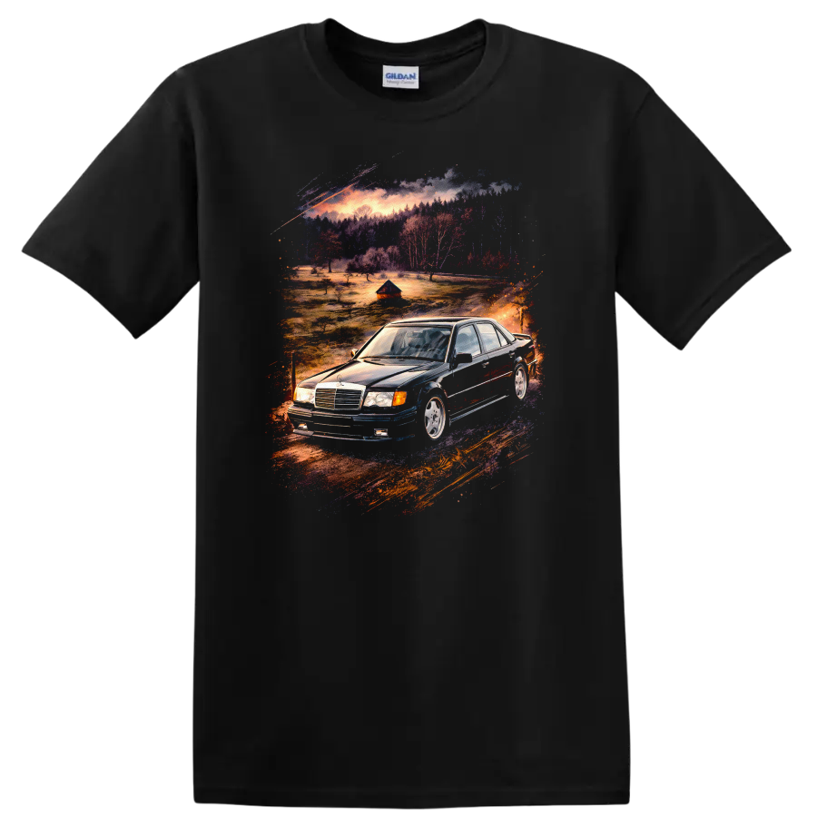 Mercedes-Benz E500 W124 old car graphic print T-shirt with scenic vintage car artwork on a Black T Shirt