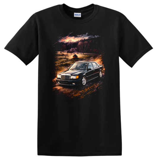 Mercedes-Benz E500 W124 old car graphic print T-shirt with scenic vintage car artwork on a Black T Shirt