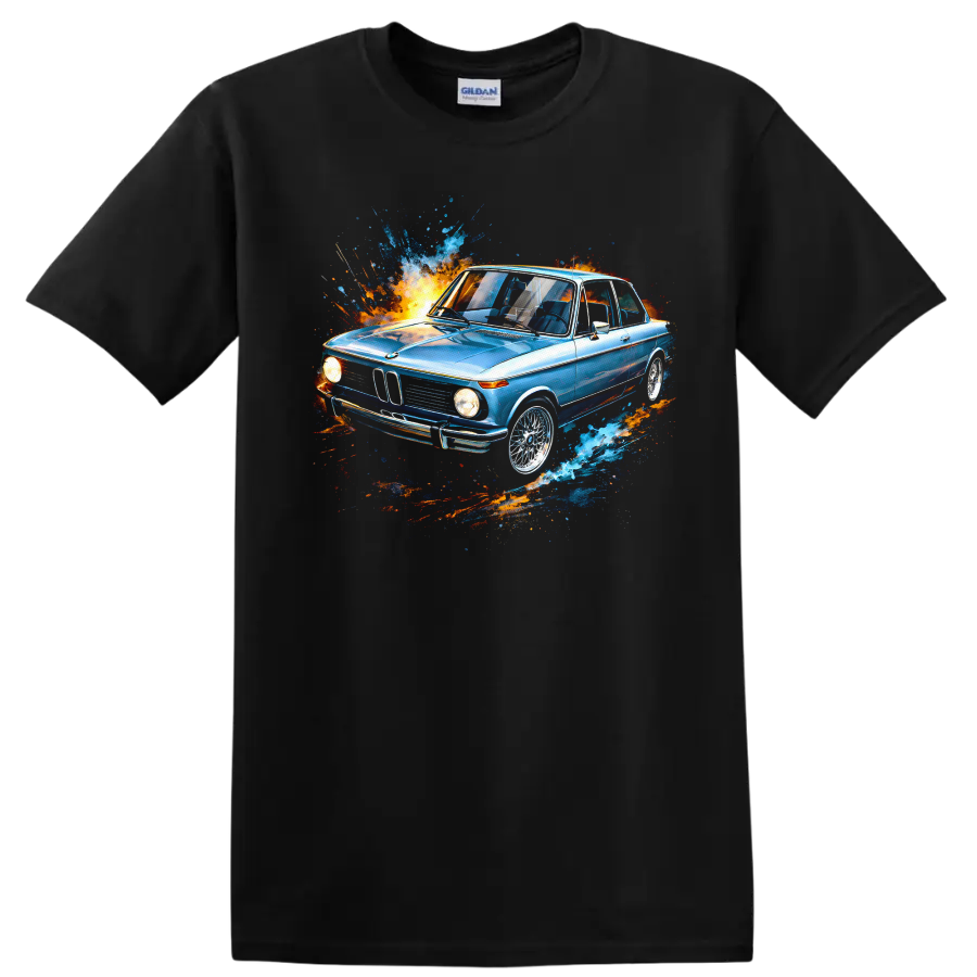 Blue BMW 2002 painting style car with colorful splash graphic on T shirt on a Black T Shirt