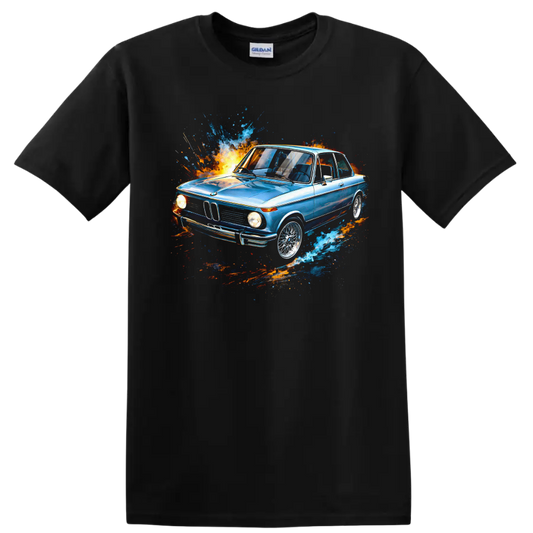 Blue BMW 2002 painting style car with colorful splash graphic on T shirt on a Black T Shirt