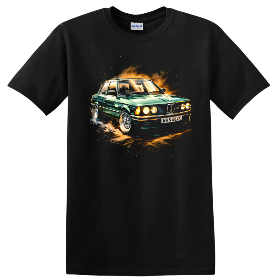 BMW E21 Alpina green classic car graphic print T shirt on a Black T Shirt