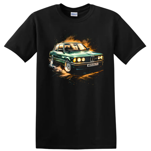 BMW E21 Alpina green classic car graphic print T shirt on a Black T Shirt
