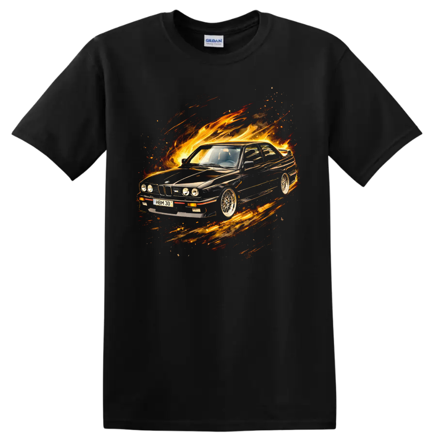 BMW E30 M3 car surrounded by flames and motion streaks graphic T-shirt on a Black T Shirt