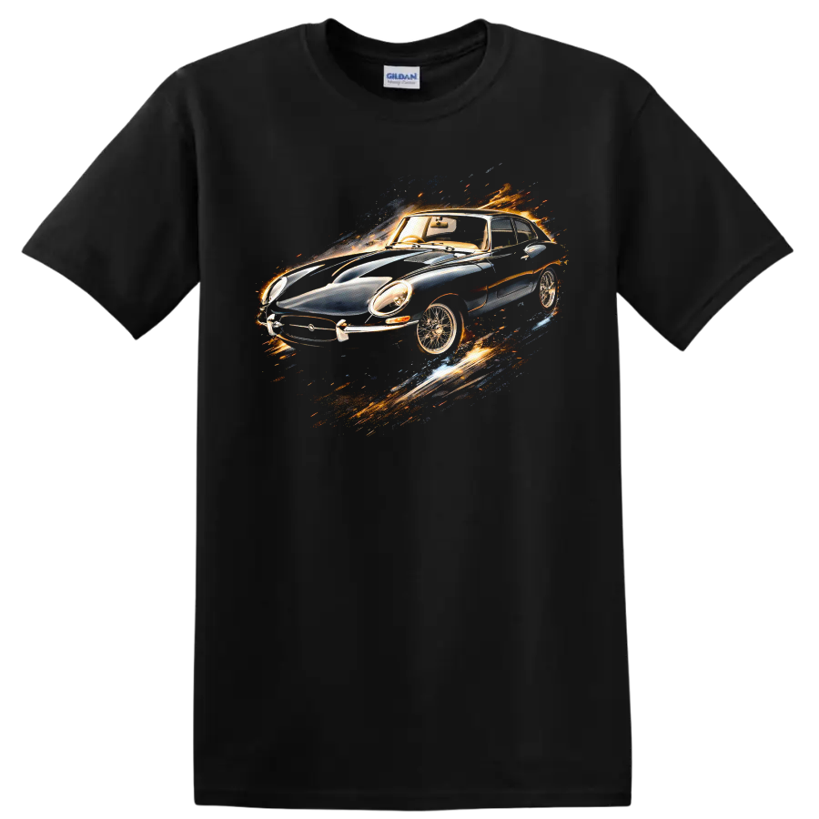 Jaguar E-Type Coupe 1963 with fiery motion effect graphic print T-shirt on a Black T Shirt