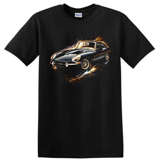 Jaguar E-Type Coupe 1963 with fiery motion effect graphic print T-shirt on a Black T Shirt