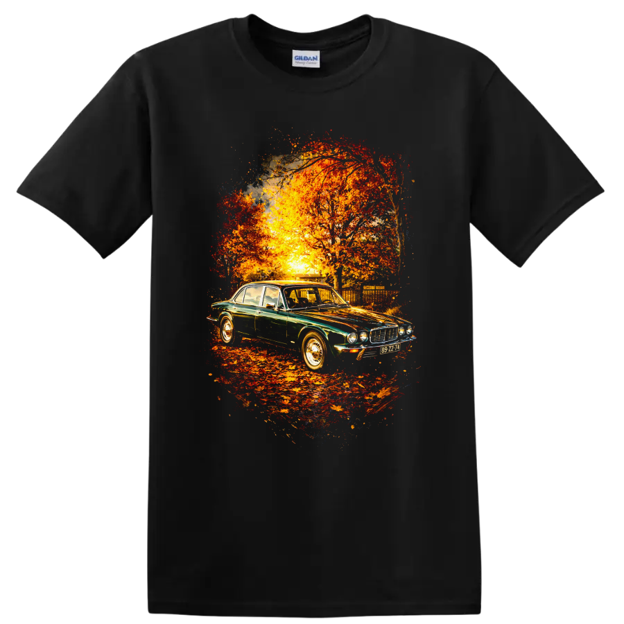 Jaguar XJ old car graphic print with autumn trees and sunset on a Black T Shirt