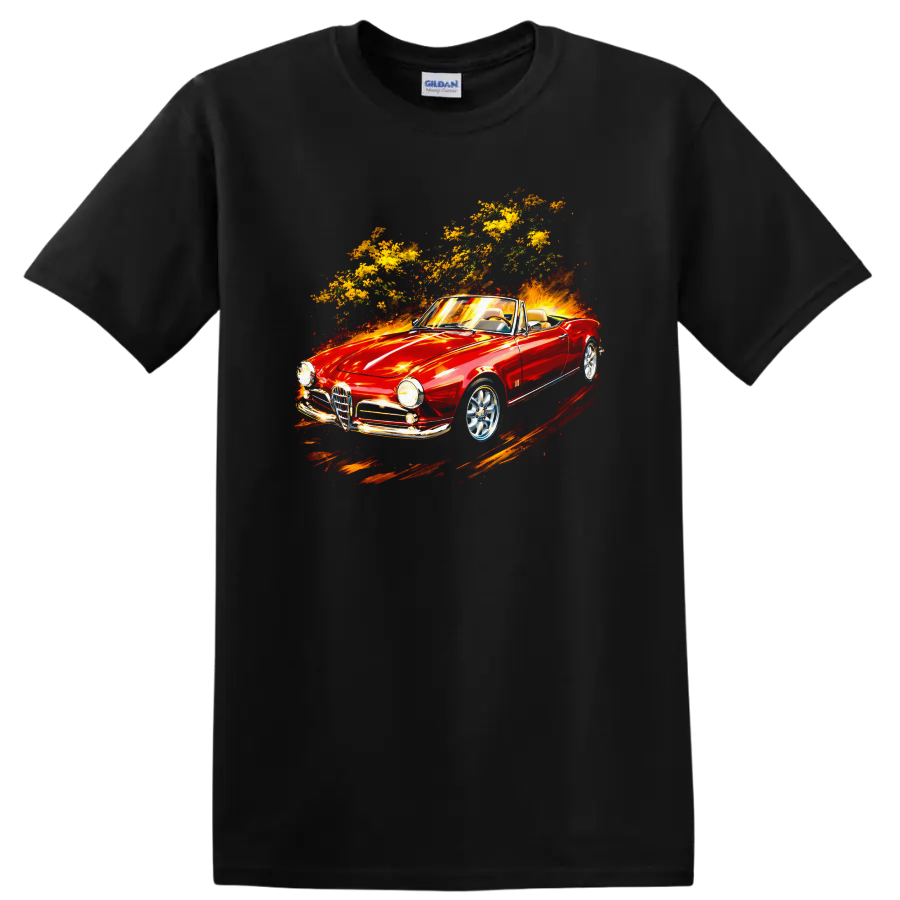 Red Alfa Romeo Giulietta Spider convertible graphic print T Shirt on a Black T Shirt