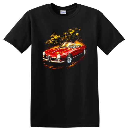 Red Alfa Romeo Giulietta Spider convertible graphic print T Shirt on a Black T Shirt
