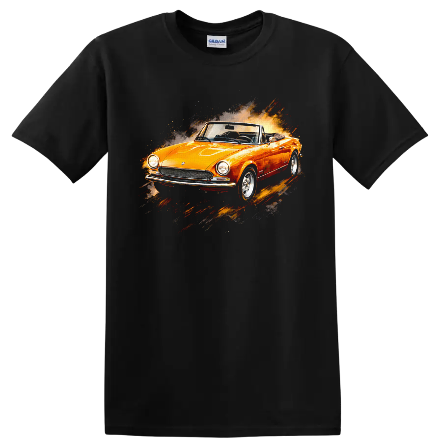 Orange Fiat 124 Sport Spider convertible with splash-style graphic print T shirt on a Black T Shirt