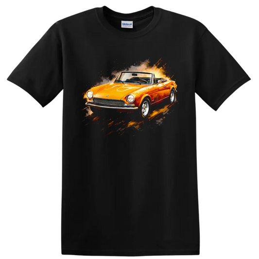 Orange Fiat 124 Sport Spider convertible with splash-style graphic print T shirt on a Black T Shirt