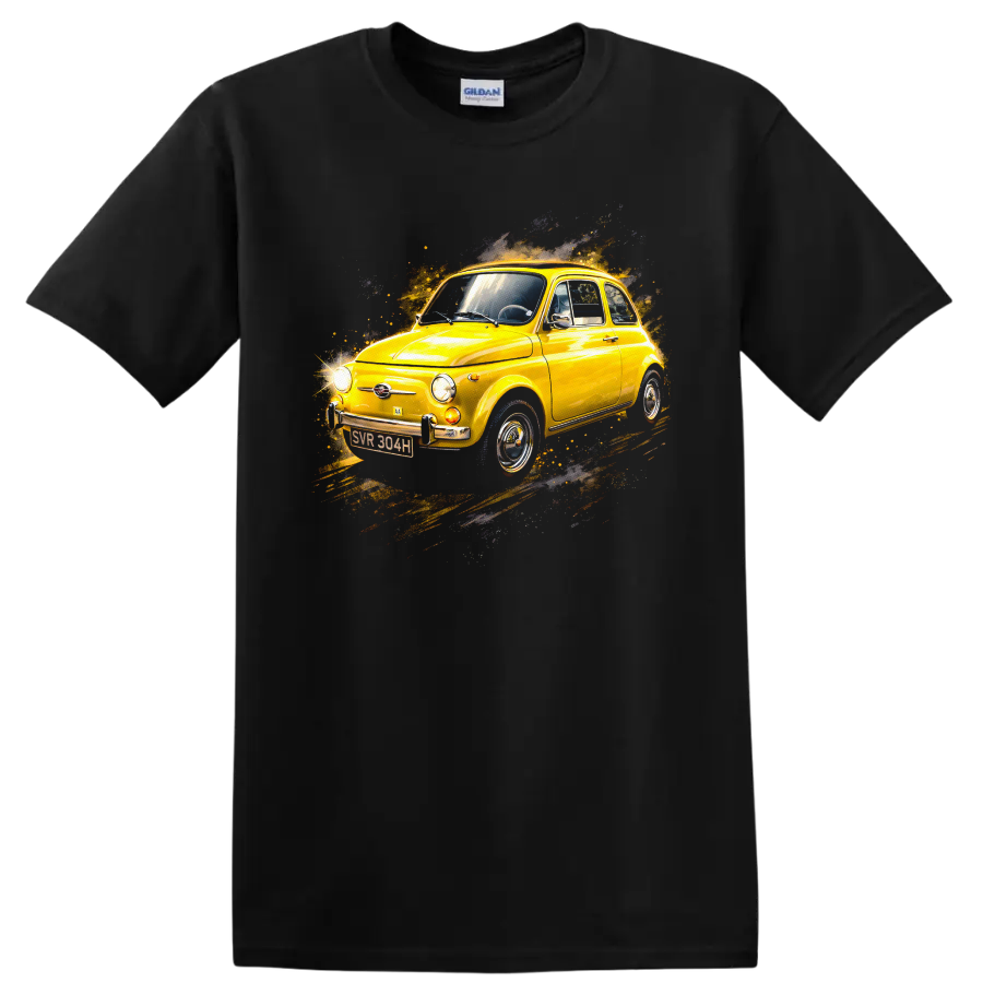 Yellow Fiat 500 classic car with retro splash graphic print T shirt on a Black T Shirt