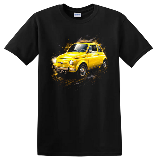 Yellow Fiat 500 classic car with retro splash graphic print T shirt on a Black T Shirt